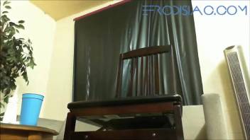 Nicky perched on a seat while defecating