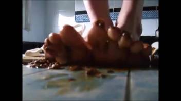 The young woman urinates and defecates in white sandals